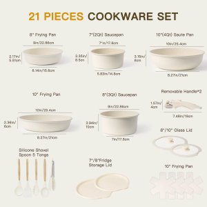 astercook 21 piece detachable handle ceramic cookware set