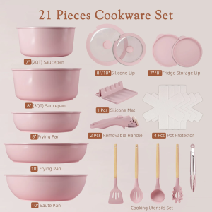 21 piece ceramic cookware set – detachable handle (pink)